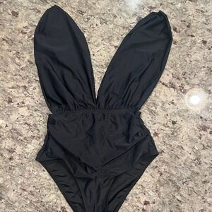 CUPHE Black Plunge One Piece‎ Swimsuit High Cut Ruched Sexy Bathing Suit